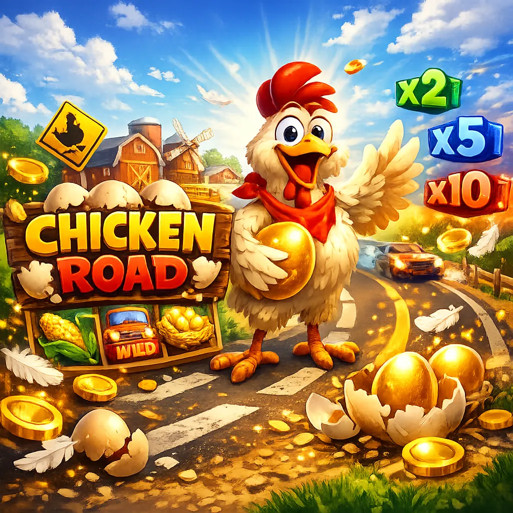 Dynamic promo image featuring a funny chicken on a road with eggs, feathers, and coins.