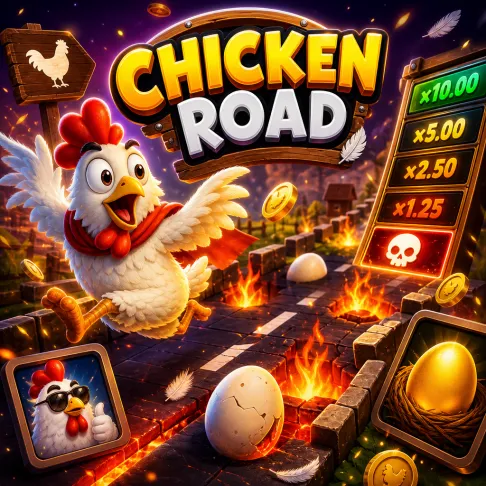 Bright square promo image for Chicken Road slot, featuring funny chickens, road lanes, and playful elements.